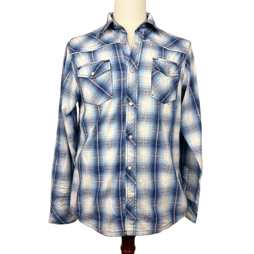 Various Artists Slim Fit Plaid Western Snap Shirt Blue White Mens M